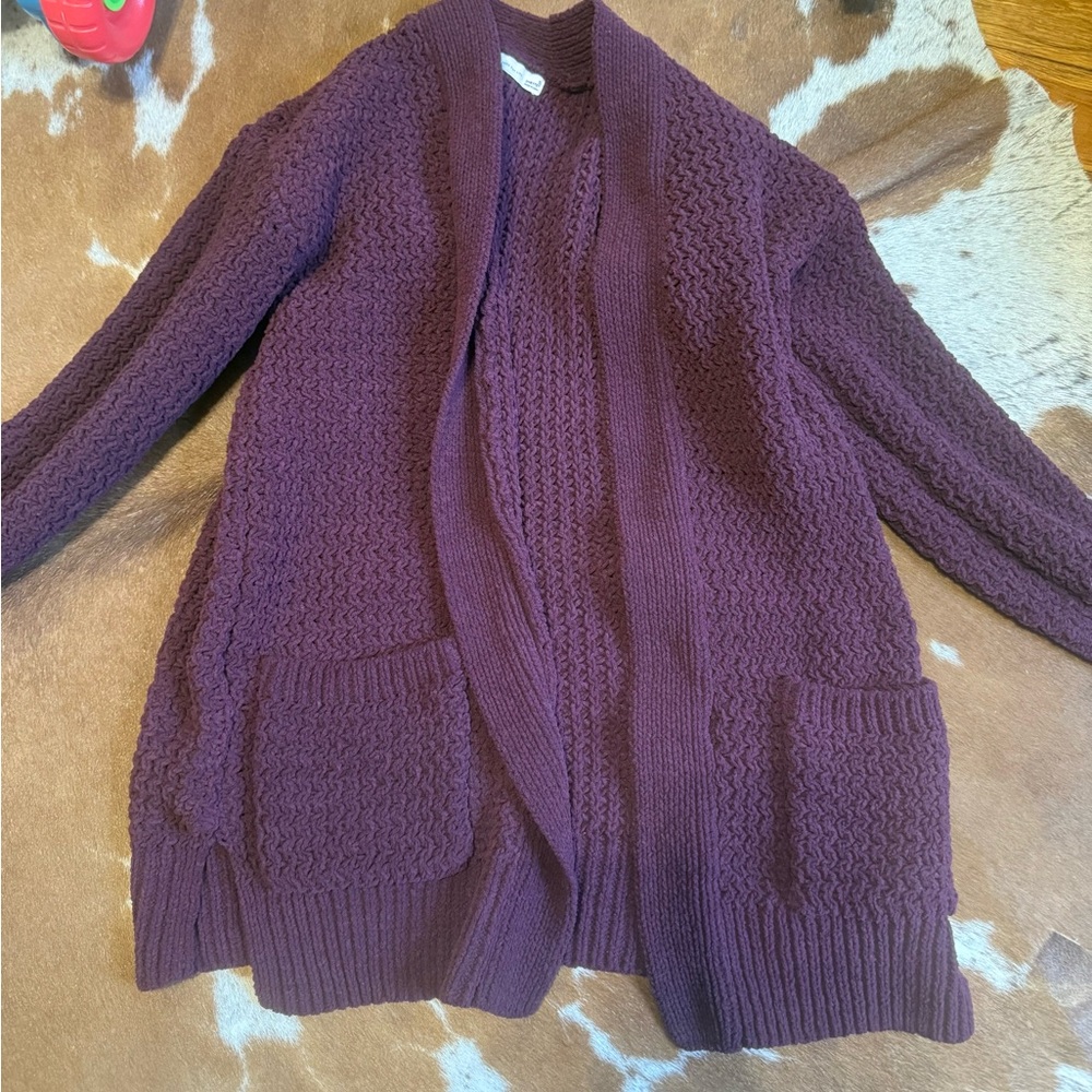 Open-Front Knit Cardigan Sweater - Deep Plum